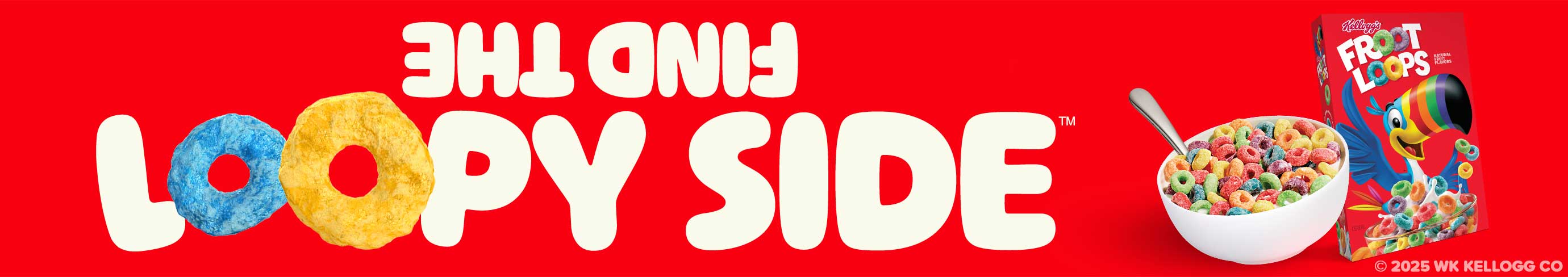 Find the loopy side. A toucan with a bowl of froot loops