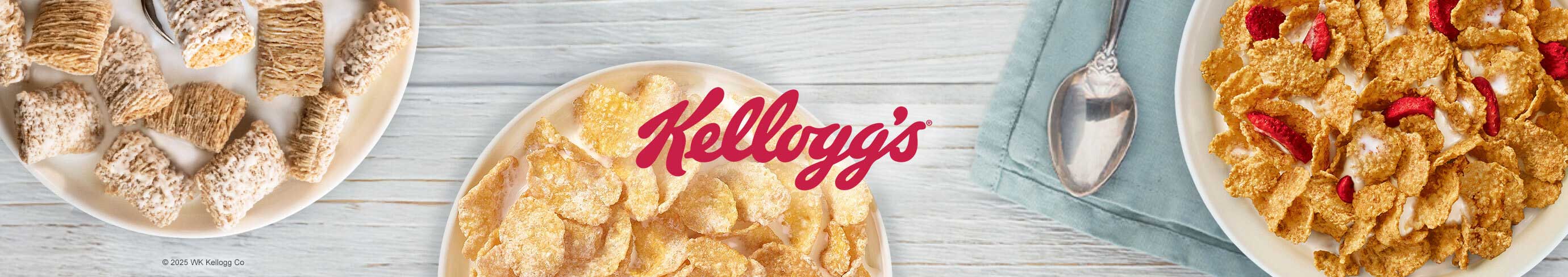 Kelloggs logo on a background of bowls of cereals